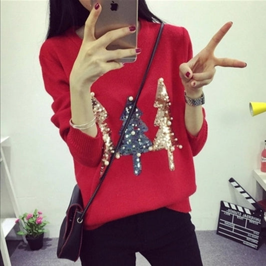 Women Christmas Sweater Pullover Winter 2018 New Hot Fashion O-neck Sequined Christmas Tree Long Sleeve Knit Pullovers Sweaters