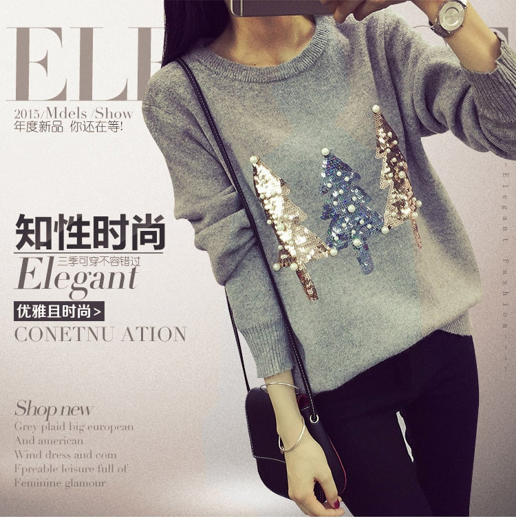 Women Christmas Sweater Pullover Winter 2018 New Hot Fashion O-neck Sequined Christmas Tree Long Sleeve Knit Pullovers Sweaters