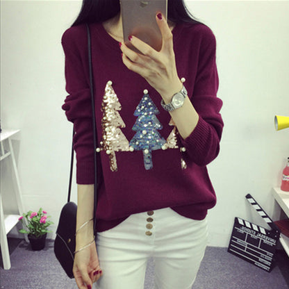 Women Christmas Sweater Pullover Winter 2018 New Hot Fashion O-neck Sequined Christmas Tree Long Sleeve Knit Pullovers Sweaters