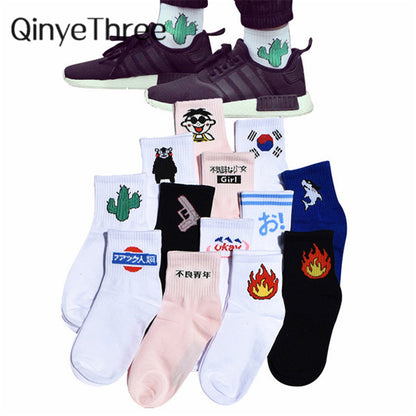 Women Daily Socks Harajuku Korea Japanese Cotton Kitten Flame Ulzzang Socks Men Chinese Cactus Gun Shark Alien Students Socks