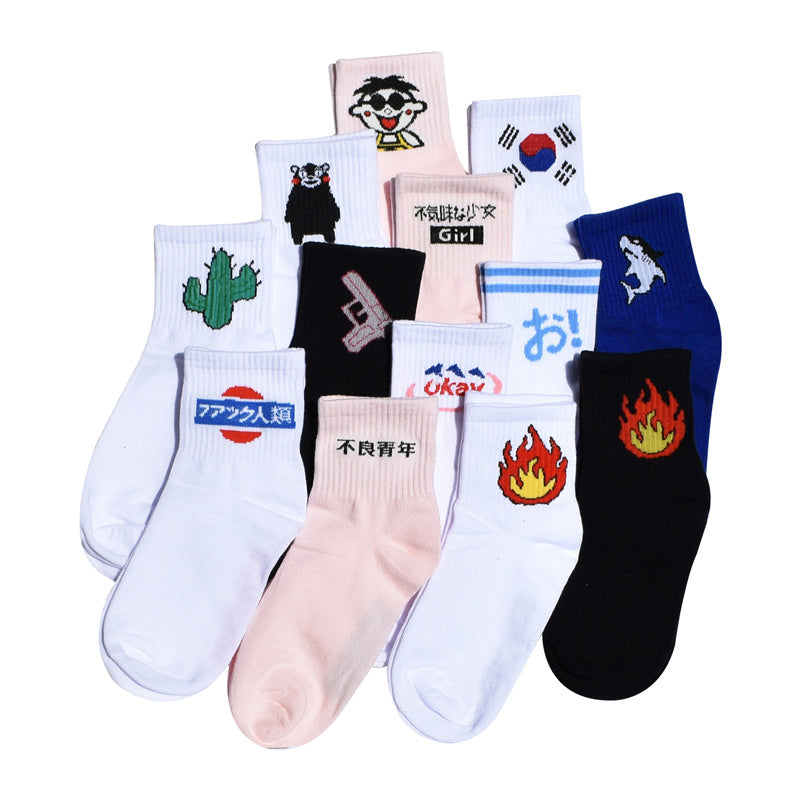 Women Daily Socks Harajuku Korea Japanese Cotton Kitten Flame Ulzzang Socks Men Chinese Cactus Gun Shark Alien Students Socks