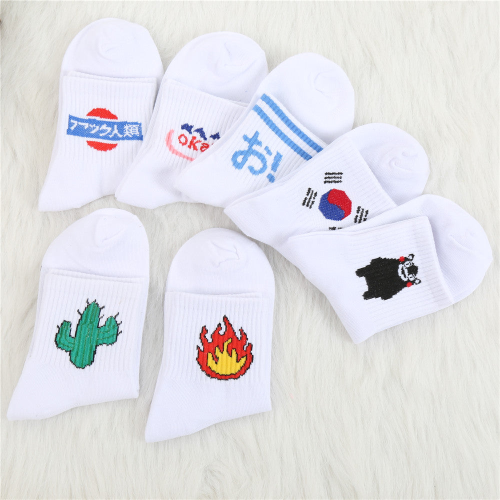 Women Daily Socks Harajuku Korea Japanese Cotton Kitten Flame Ulzzang Socks Men Chinese Cactus Gun Shark Alien Students Socks