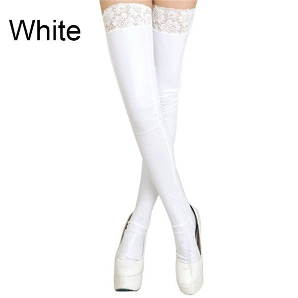 Women Fashion Stockings Lady  Black Lace High Nightclubs Faux Leather Sexy Thigh Stockings Dress Clothing Accessories