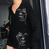 Women's Tops and Blouses Cotton White Shirt Line Face Print Retro Shirts with Long Sleeve White Blouse Lady Spring Summer