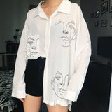Women's Tops and Blouses Cotton White Shirt Line Face Print Retro Shirts with Long Sleeve White Blouse Lady Spring Summer