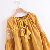 Womens Vintage Boho Style Cotton Top Casual Embroidery Print Round Neck Chest Fringe Lantern Sleeve Casual Top 2018 New