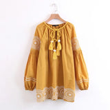 Womens Vintage Boho Style Cotton Top Casual Embroidery Print Round Neck Chest Fringe Lantern Sleeve Casual Top 2018 New