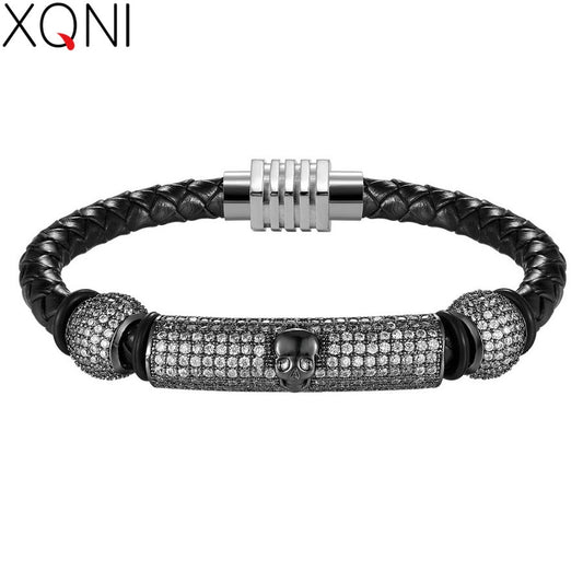 XQNI Channel Setting Skull Bracelet Rock 316L Stainless Steel Magnetic Buckle Charm Bangle Gold/Silver/Black/Rose gold Color