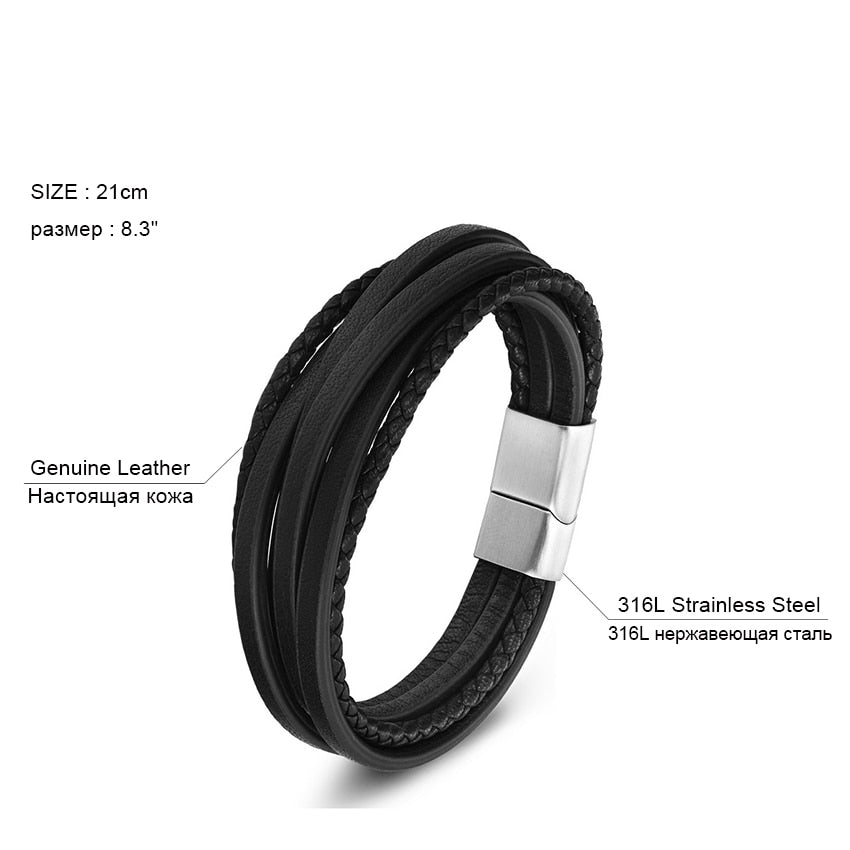 XQNI Multi-layer Stainless Steel Buckle Black/Brown Genuine Leather Bracelet For Men Women Classic Design For Surprise Gift