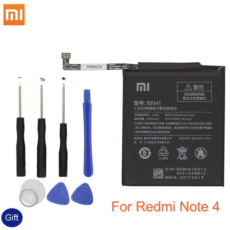 Xiao Mi BN41 Phone Battery For Xiaomi Redmi Hongmi Note 4 / Note 4X MTK Helio X20 4000mAh Original Replacement Battery + Tool