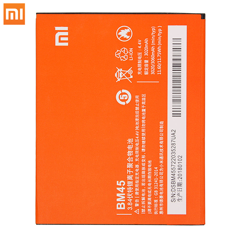 Xiao Mi Original BM45 Mobile Phone Battery For Xiaomi Redmi Note 2 Hongmi Note2 Replacement Batteries Real Capacity 3020mAh