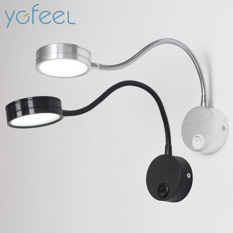 [YGFEEL] LED Wall Lamps With Knob Switch 5W AC90-260V Silver Bedroom Bedside Reading Light Direction Adjustable Indoor Lighting