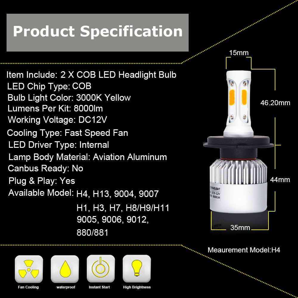 YHKOMS Car Headlight H4 H7 H11 LED H1 H3 H8 H9 9005 9006 880 5202 H13 Auto Fog Light 6500K 3000K White Yellow Light COB 12V 24V