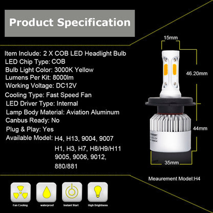 YHKOMS Car Headlight H4 H7 H11 LED H1 H3 H8 H9 9005 9006 880 5202 H13 Auto Fog Light 6500K 3000K White Yellow Light COB 12V 24V