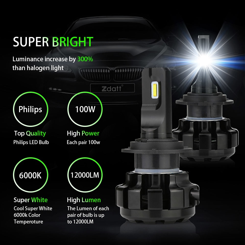 Zdatt 2Pcs Super Brgiht Car Led Light H1 H7 Led Bulb H8 H9 H11 9005 HB3 Headlights Canbus 100W 12000LM 12V Automobiles