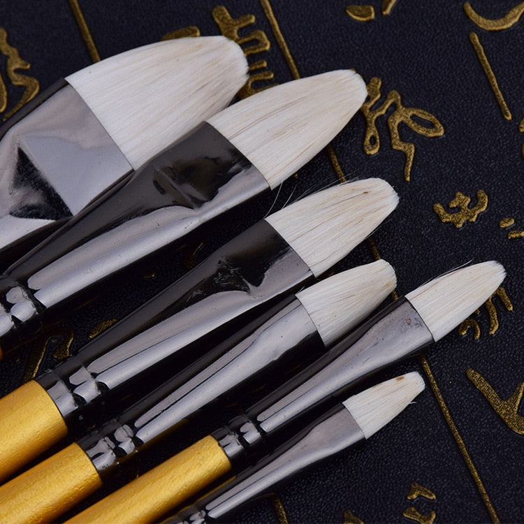 Zhouxinxing White horse hair Gold long wood rod painting brush 6 pcs set of water chalk set brush art supplies drawing materials