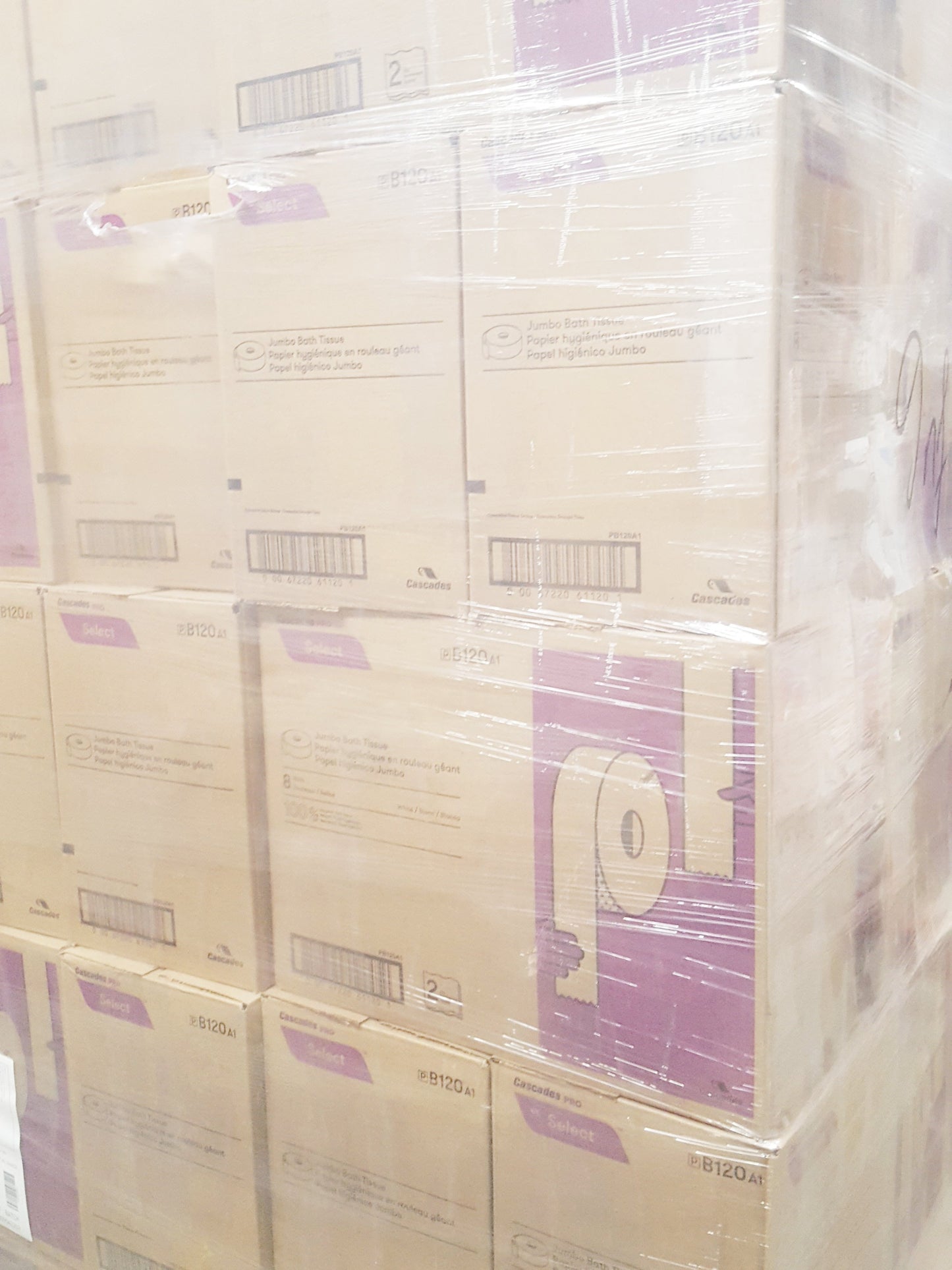 B120 Jumbo Roll Toilet Tissue 12LBS  2 Ply 8Rolls 1 Skid 60 cases