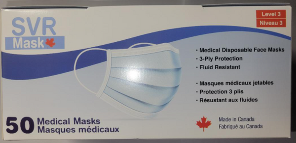 Medical Masks 3Ply SVR Level 3 BLACK Made in Canada 50 Masks/Box