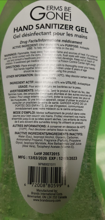 Germs Be Gone! Anti-Bacterial Hand Sanitizer Gel (8 fl.oz / 236 mL, 15 fl.oz / 443 ml.  CURBSIDE PICK UP AVAILABLE