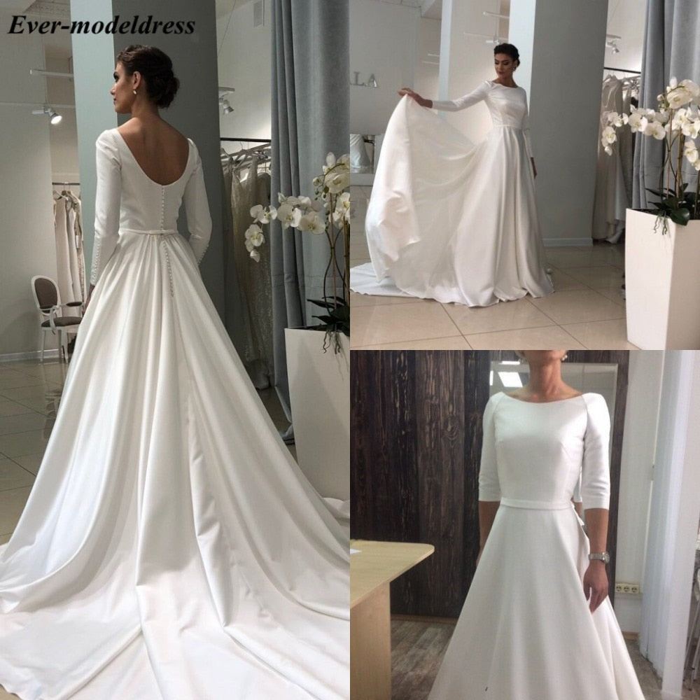 2019 Simple Satin Wedding Dress Long Sleeves Button Back Sweep Train Elegant Bridal Gowns Plus Size Vestido De Noiva Cheap