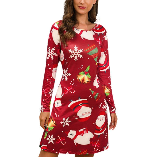 Round Collar Santa Claus Cartoon Print Loose Casual Winter Dress Women Long Sleeve Vestidos Christmas Dress