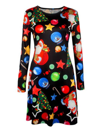 Spring Autumn Wrist Sleeve Printed Dress Fashion Casual Dress Christmas Santa Claus Lucky star Dress Vestidos 3XL 4XL 5XL