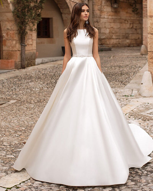 Vestido de Noiva Satin Ball Gown Wedding Dress 2019 Simple Robe de Mariee Off Shoulder Hochzeitskleid Button Back Bruidsjurken