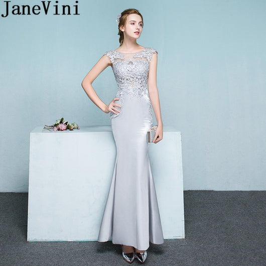 JaneVini Gorgeous Light Gray Mermaid Bridesmaid Dresses Long Beaded Lace See Through Ankle-Length Women Wedding Party Dress 2018