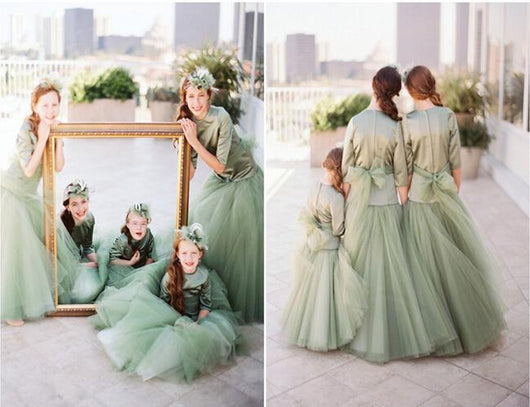 Amazing Lovely Green Three Quarter Sleeve Princss Flower Girl Dress Tulle Kids' Party Pageant Gown