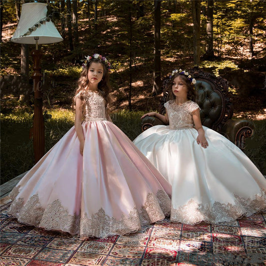 Vintage Pink Princess Flower Girl Dresses With Gold Lace Appliqued Wedding Party Dress Kids Birthday Dresses