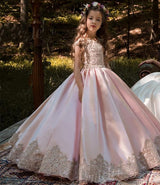 Vintage Pink Princess Flower Girl Dresses With Gold Lace Appliqued Wedding Party Dress Kids Birthday Dresses