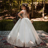 Vintage Pink Princess Flower Girl Dresses With Gold Lace Appliqued Wedding Party Dress Kids Birthday Dresses