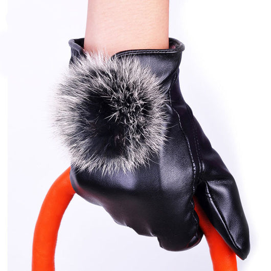 2016 Trustworthy Warm Autumn Winter Gloves Women Lady Black Leather Gloves Rabbit Fur Mittens Guantes Luva #LYW