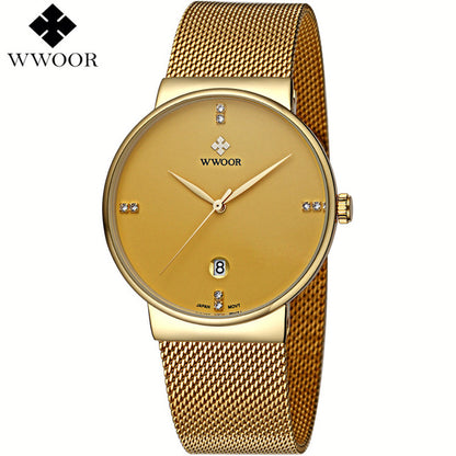 WWOOR Brand Men's Watches Ultra Thin Date Clock Male Waterproof Sports Quartz Men watch Gold Casual Wristwatch relogio masculino