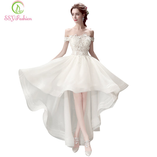 SSYFashion Luxury Princess Bride Wedding Dresses Boat Neck Lace Embroidery Beading Short Front Long Back Short Wedding Gowns