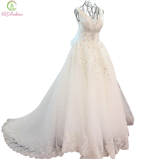 SSYFashion High-grade Bride Princess Married White Lace Sexy Backless Luxury Crystal Beading V-neck Long Tail Wedding Dresses