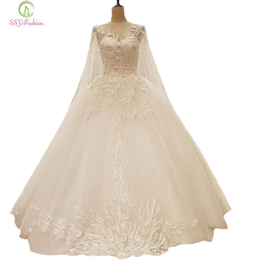 SSYFashion New Luxury Wedding Dress High-grade The Bride Princess White Lace Flower  with Long Trailing Veil Long Wedding Gown