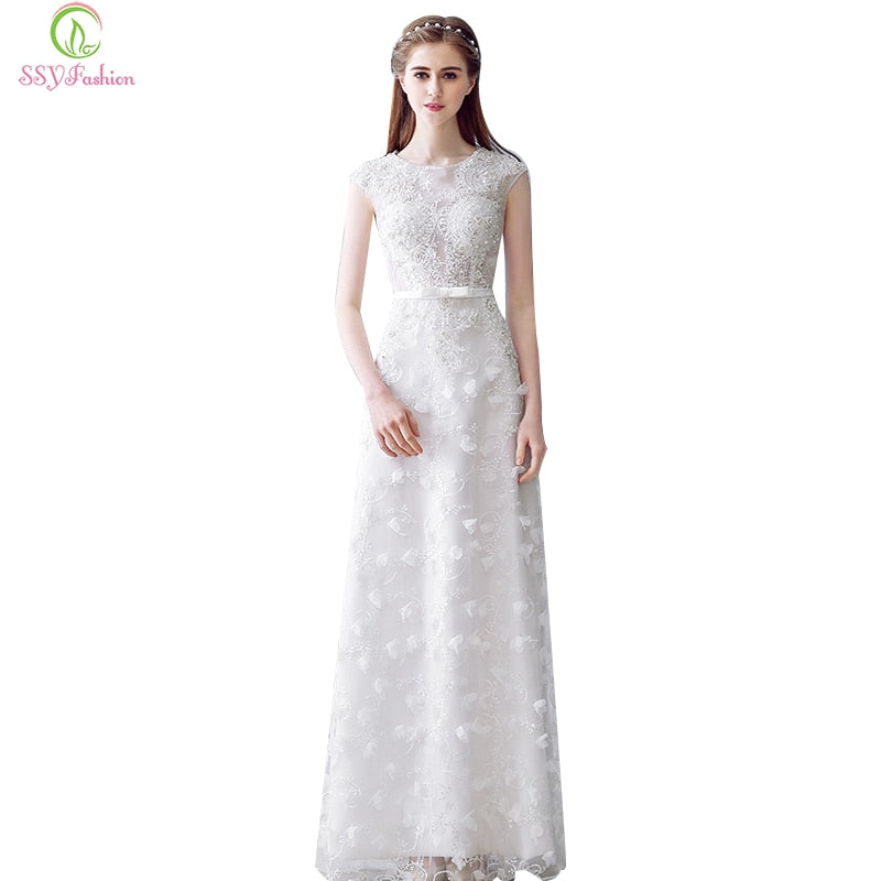 Vestido De Noiva The SSYFashion Bride Married Wedding Dress White Lace Flower Beading Sleeveless Long Party Formal Dress Custom