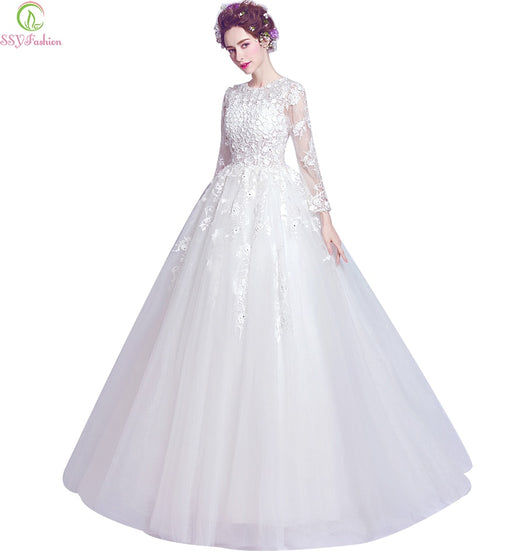 SSYFashion Wedding Dress White Luxury Lace Flower Princess Bride Long-sleeved A-line Floor-length Wedding Gown Vestido De Noiva