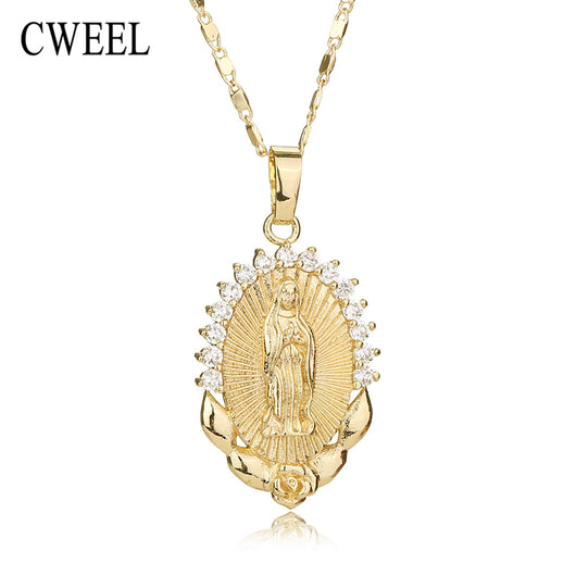 CWEEL Necklace For Women Men Statement Vintage Jesus Pendant Holiday Christian African Beads Gold Color Accessories Party Gift