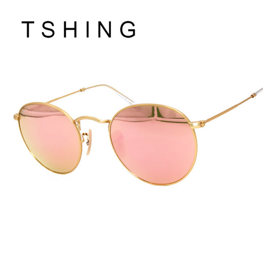 TSHING Vintage Small Round Sunglasses Women Men Classic Brand Designer Metal Pink Retro Mirror Sun Glasses Female Lady UV400 R