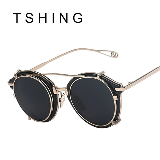 TSHING New Steampunk Round Sunglasses Men Women Fashion Brand UV400 Alloy Frame Steam punk Mirror Clip Sun Glasses Male Female