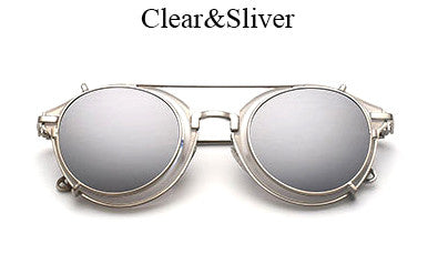 TSHING New Steampunk Round Sunglasses Men Women Fashion Brand UV400 Alloy Frame Steam punk Mirror Clip Sun Glasses Male Female