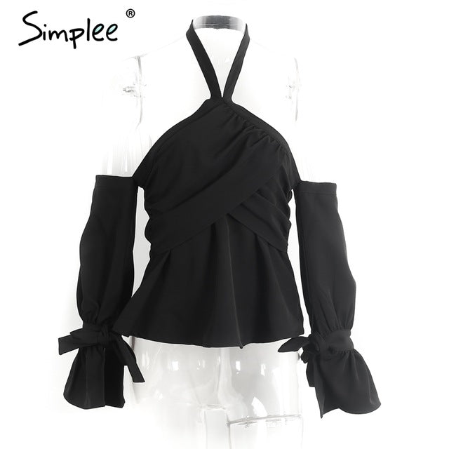 Simplee Cross halter off shoulder blouse shirt women Flare sleeve backless white blouse Summer party bow blusas tops