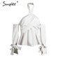 Simplee Cross halter off shoulder blouse shirt women Flare sleeve backless white blouse Summer party bow blusas tops