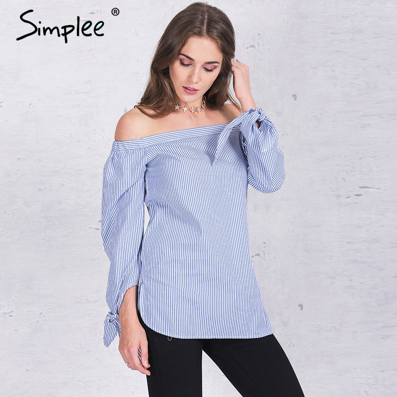 Simplee Apparel Elegant bow blue off shoulder female blouse shirt Sexy summer 2016 girls white blouse Women tops striped blusas