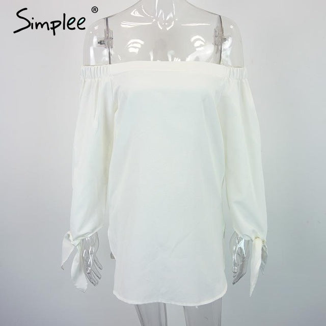 Simplee Apparel Elegant bow blue off shoulder female blouse shirt Sexy summer 2016 girls white blouse Women tops striped blusas