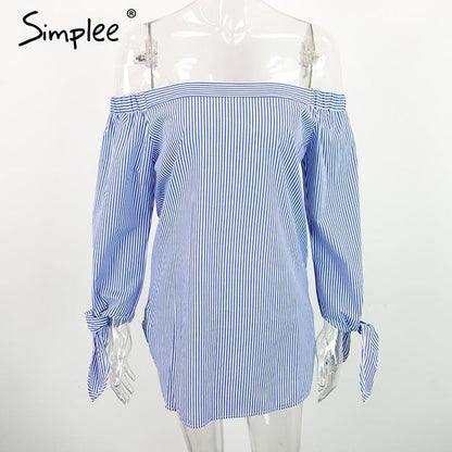 Simplee Apparel Elegant bow blue off shoulder female blouse shirt Sexy summer 2016 girls white blouse Women tops striped blusas