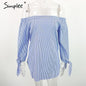 Simplee Apparel Elegant bow blue off shoulder female blouse shirt Sexy summer 2016 girls white blouse Women tops striped blusas