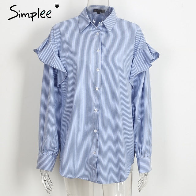 Simplee long sleeve blouse shirt women tops blusas Casual blue striped shirt feminine blouses 2017 Ruffle blouse chemise femme